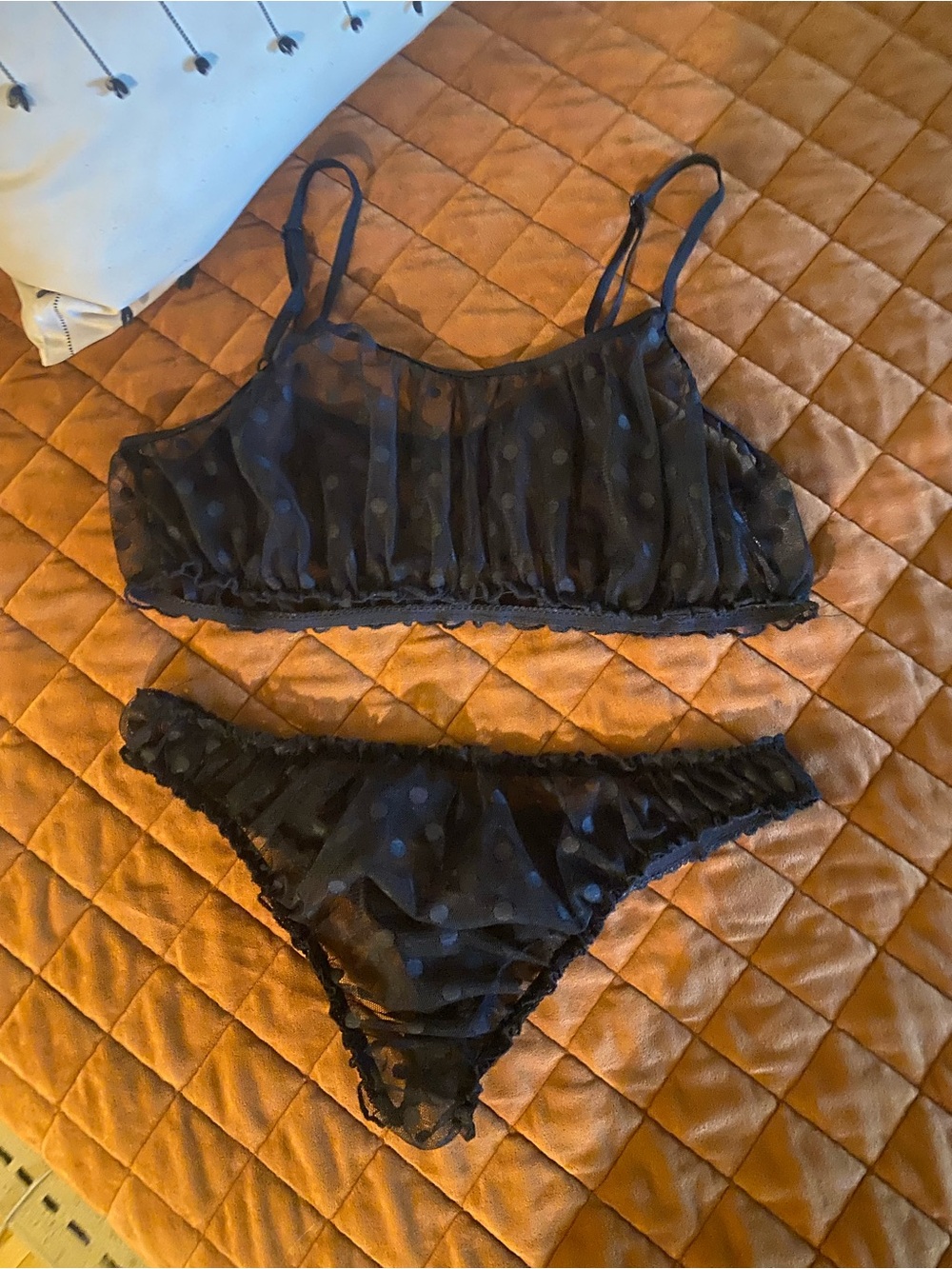 Sheer Polka Dot Bralette & Bikini Panty Set - Black